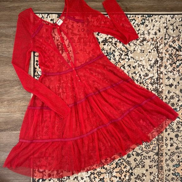 Free People Intimately Red Mesh Midi Dress Size: Small - Picture 2 of 4